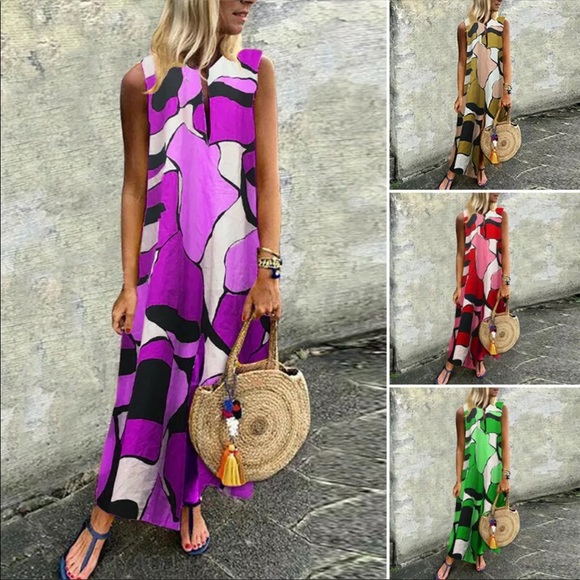 Abstract Print, Sleeveless, Kaftan Style Maxidress - Picture 3 of 11